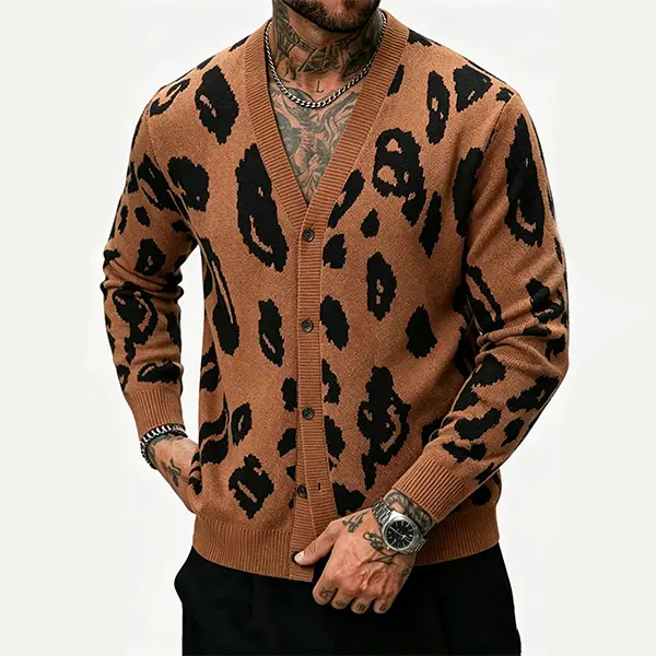 Men's Leopard Print Cardigan Sweater, Chic Streetwear V-Neck Button-Down Knitwear with Drop Shoulders & Ribbed Edges, Streetwear Look, Hidden Pockets, Slim-Fit Cut, Breathable Knit, All Seasons, Comfortable For Long Wear, Tops, Smooth