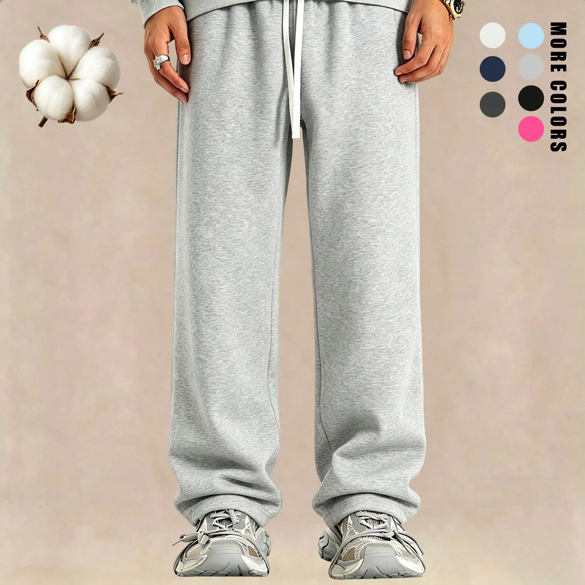 Men’s loose straight-leg pants with a drawstring waist design; made from a cotton blend fabric that is soft and comfortable, ideal for relaxed outfits suitable for back-to-school, the library, and club activities., Casual Athletic Joggers, Drawstring Wais
