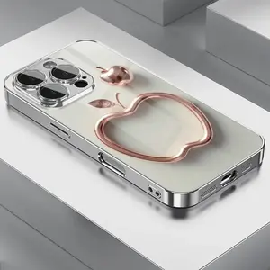 Simple Elegant Rose Gold Color Large and Small Apple Print Pattern Electroplated TPU Phone Case with Lens Protection for iPhone 16/16Pro/16ProMax/16Plus/16e/15/15Plus/15Pro/15ProMax,14/14Plus/14Pro/14ProMax,13/13Pro/13ProMax,12/12Pro/12ProMax,11/11Pro/11P