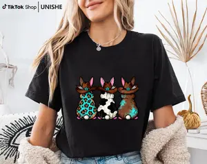 Spring Celebration Women’s Tee – Western Bunny Trio Graphic Easter Shirt