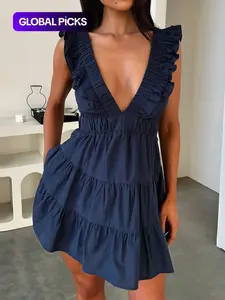 Women's Plain Ruffled Deep V-Neck Fitted Breathable Dress, Casual Dress for Summer, Comfy Chic Womenswear for Daily Wear