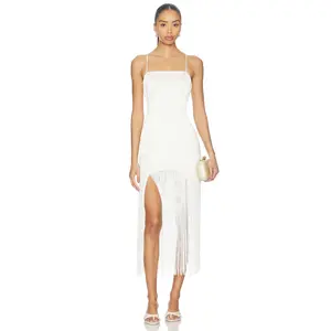 fleur du mal Satin Fringe Maxi Dress in Vanilla