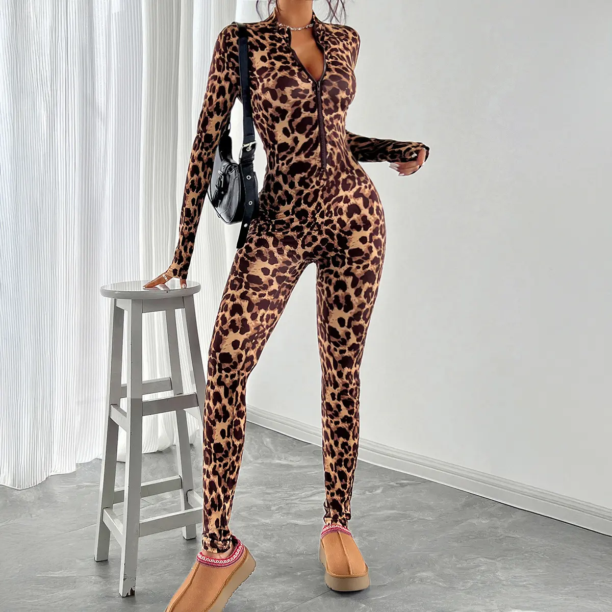 Women's Cheetah Print Turtleneck Jumpsuit, Long Sleeve Fitted Pull On Polyester Casual Loungewear, High Neck, Leopard campingessentials, Overalls, Fabric, Elastane, Polyester Blend, Lady