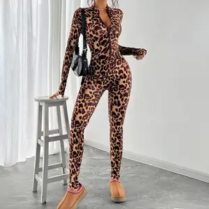 Women's Sexy Leopard Print Zipper romper,  Casual Long Sleeve Jumpsuit, Women Polyester Overalls, Fitted At Home Comfort Loungewear Matching Summer Outfits S-XL