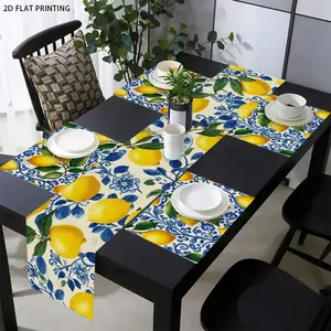 2D flat printing, set of 1 piece/4 pieces/6 pieces/5 pieces/7 pieces, lemon blue floral pattern table flag and placemat set, perfect for holiday themes, restaurant and kitchen decoration, indoor and outdoor family gatherings, and daily meal decoration