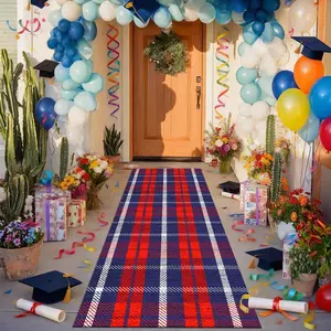 Velvet 850g Rug with Plastic Base, Spring Summer Blue Checkered Pattern, Durable Large Size Carpet for Bedroom Living Room
