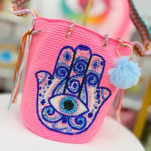 Handmade Wayuu Bag | Hamsa Hand & Evil Eye Beaded Design 9H x 10W x 40 Strap