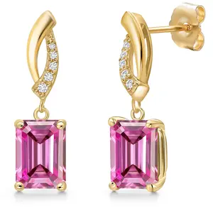 Gem Stone King 14K Yellow Gold Emerald Cut 8X6MM Gemstone Birthstone and Lab Grown Diamond Dangle Earrings for Women | Fine Jewelry Gifts for Her Mom Women Wife