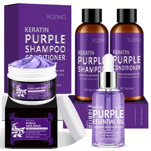 Rozino 4-Piece Keratin Purple Set for Blonde Platinum &Silver Hair Includes Shampoo Conditioner Mask & EssentialOil for Enhanced Color Vibrancy