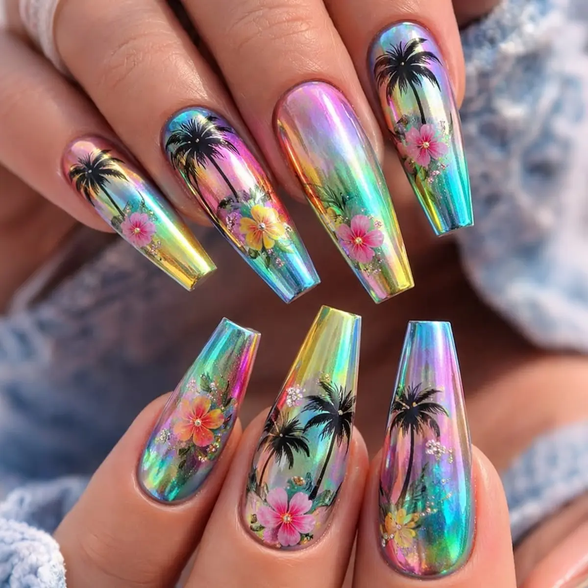 24pcs Long Ballerina Nails, Glossy Finish, Glitter Design, Nail Designs, Tropical Hawaiian Style, Laser Colorful Coconut Tree Floral Nail Art, Summer False Nails, Decorative Nails