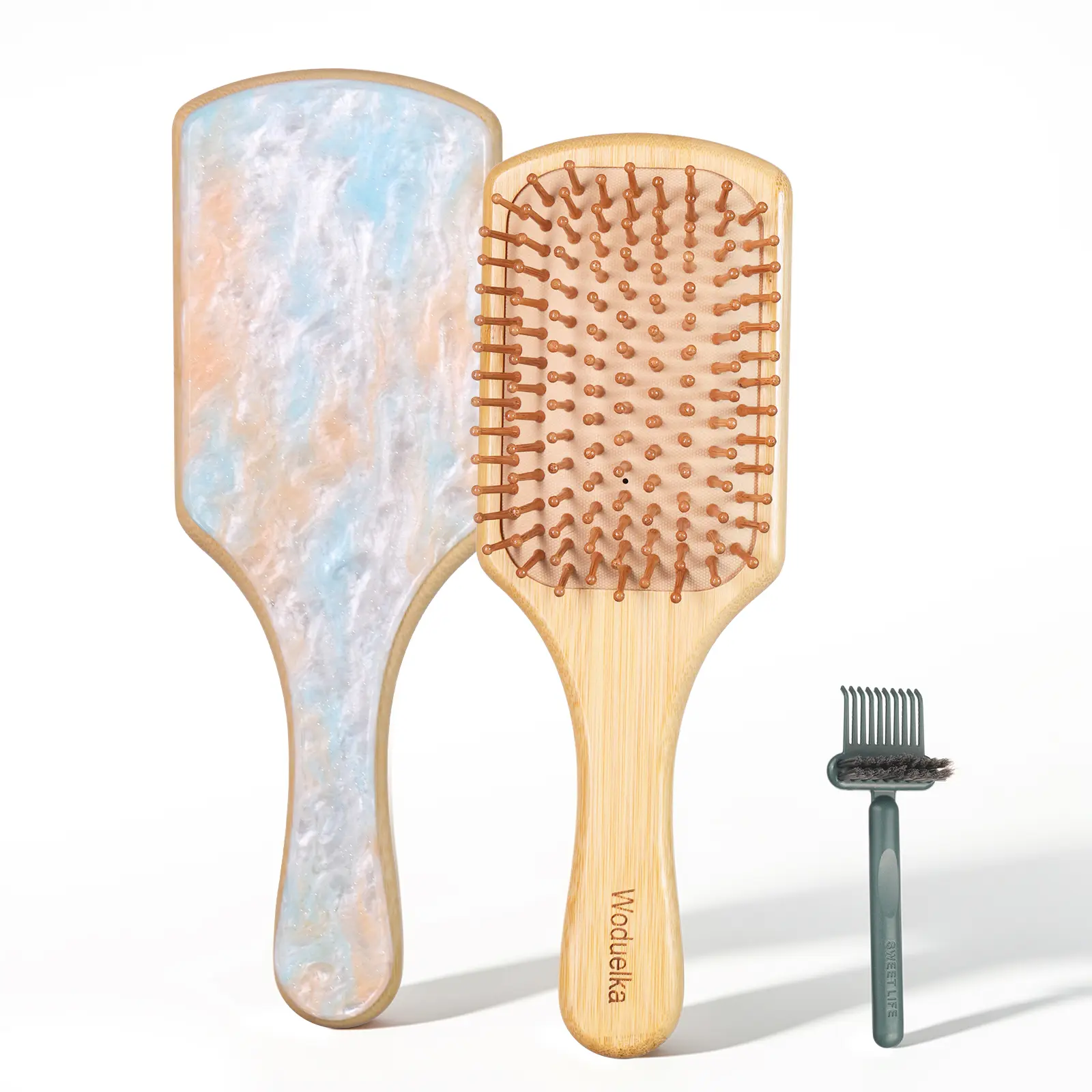 Eco-Friendly Bamboo Paddle Hair Brush for Women - Natural Bristles, Detangling Tool, Scalp Massage, All Hair Types, Brush Cleaner Included, Yellow & Blue