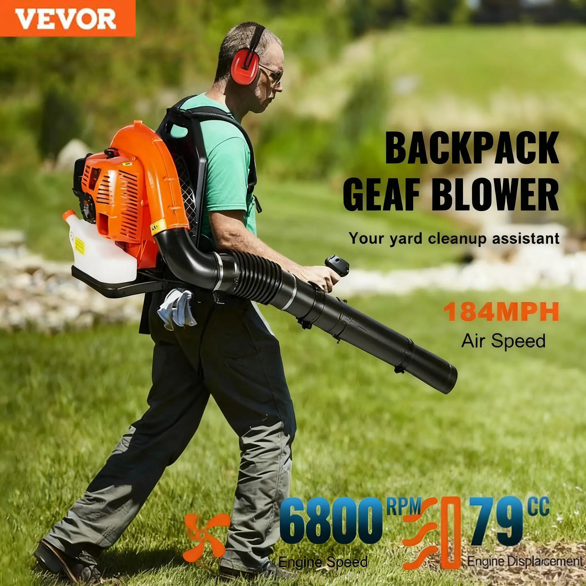 VEVOR Gas Leaf Blower 26-79cc Backpack Blower Snow Removal, 2-Cycle Gas Powered Backpack Blower with 0.41-3L Fuel Tank, 425-1110CFM Air Volume 156-184MPH Speed, Ideal for Lawn Care