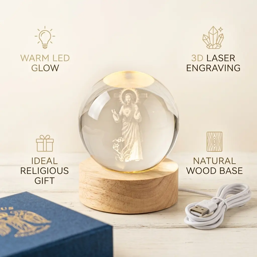 6cm 3D Jesus Sacred Heart Crystal Ball with Durable Wooden Base - USB-Charging LED Warm Light, Crystal-Clear Christian Indoor Home Decor for Bedroom, Christianity Communion Desk Gift