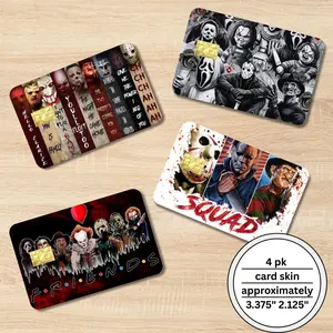 Horror Movie Credit Card Skins 4 Pack | Funny Friends Parody & Classic Slasher Designs | Durable Vinyl Wallet Stickers | Perfect Gift for Horror Fans