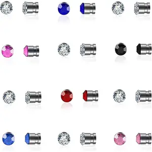 12 Pcs Stainless Steel Magnetic Crystal Fake Ear Stud Earrings Set Colorful 3mm Non Piercing Nose Lip Rings for Women Men Jewelry