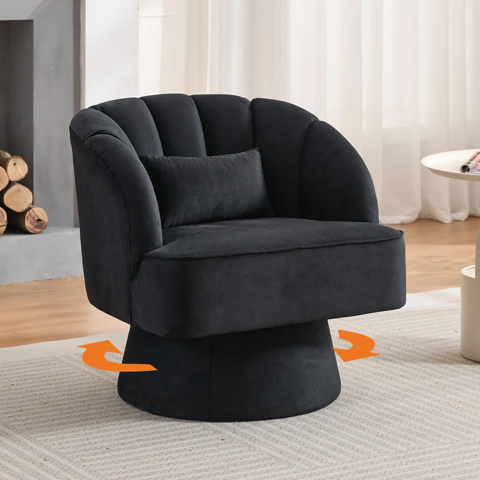GARVEE Modern Swivel Barrel Accent Chair, 360 Degree Velvet Upholstered Armchair with Striped Backrest & Plush Padding, Comfy Round Lounge Chair for Living Room, Bedroom, Reading Nook, Black