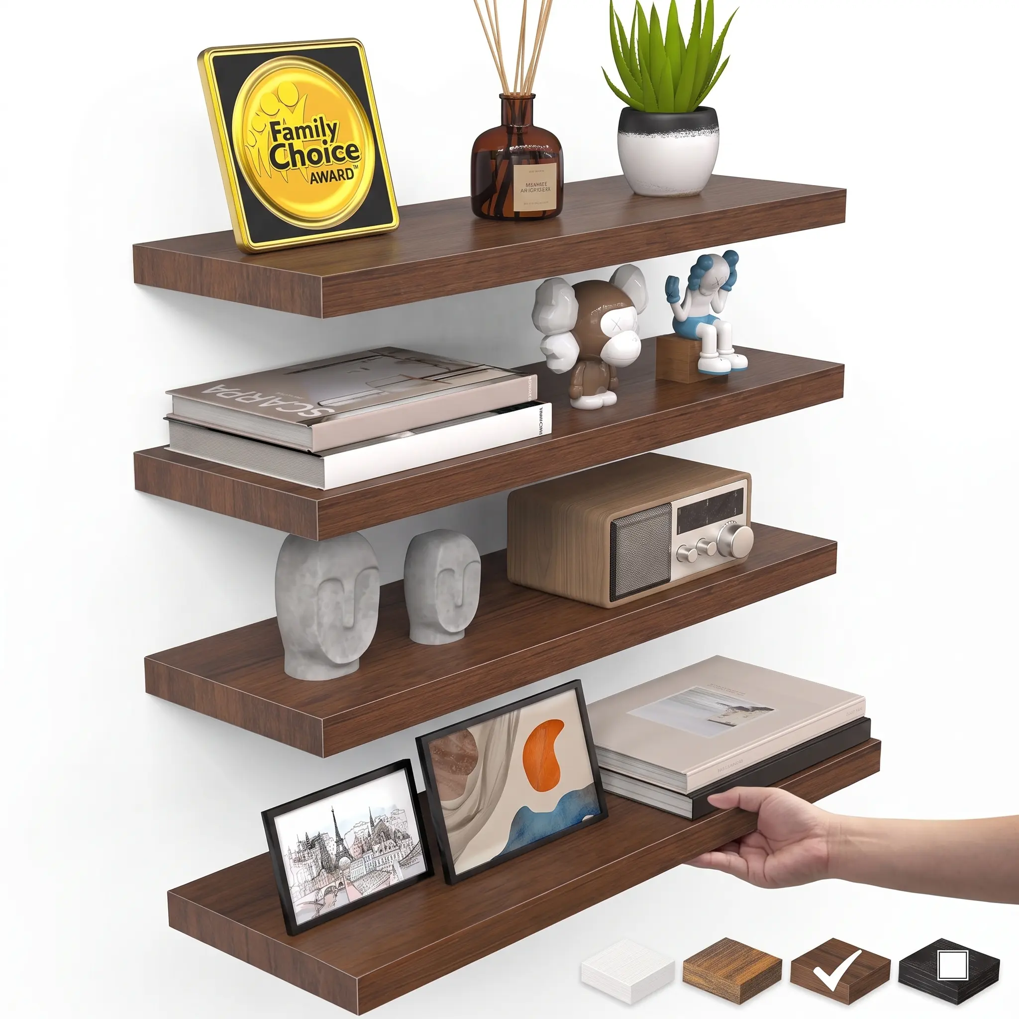 Rustic 4-Shelf Floating Wall Shelves Cohesive Set - Household Items Organizer Storage for Bedroom Decor, Kitchen Decor, Room Accessories Brown, Black/White