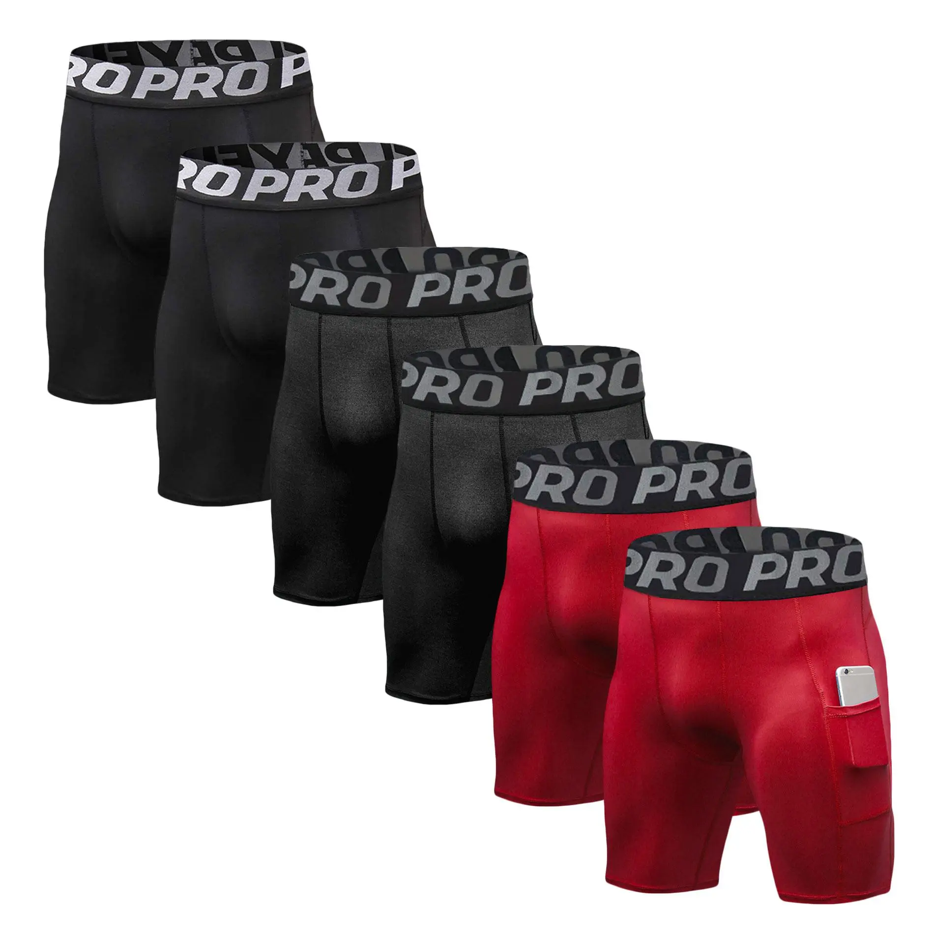 6-Pack Mens Compression Shorts with Phone Pocket - Cool Dry, 4-Way Stretch, Moisture-Wicking, Elastic Waistband for Running, Gym, Yoga, Athletic Tights