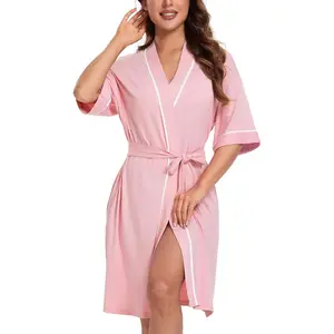 Womens Bamboo Short Robes Lightweight Kimono Cotton Robe Soft Knit Bathrobe Ladies Loungewear with Pockets