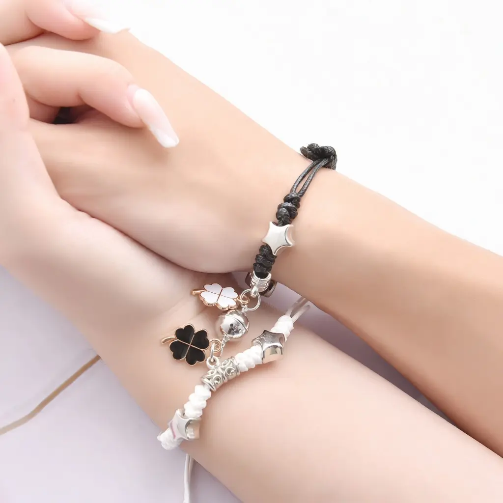 Two Pieces Four Leaf Clover Bracelet Set, Magnetic Braided Cord Wristband With Lucky Charm, Adjustable Black White Rope Jewelry, Sweet Matching Ornament for Couple Best Friend Daily Wear And Holiday Gift Giving,summervibes