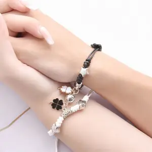 Two Pieces Four Leaf Clover Bracelet Set, Magnetic Braided Cord Wristband With Lucky Charm, Adjustable Black White Rope Jewelry, Sweet Matching Ornament for Couple Best Friend Daily Wear And Holiday Gift Giving,summervibes