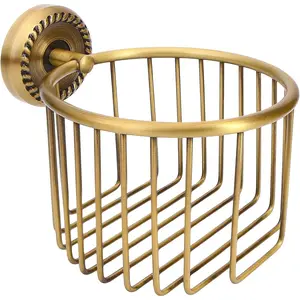 Bronze Wall Mounted Toilet Paper Holder - Antique Brass Bathroom Accessories Tissue Dispenser with  Metal Stand, Wire Basket Storage Rack - for Roll with Diameter <5inch Only