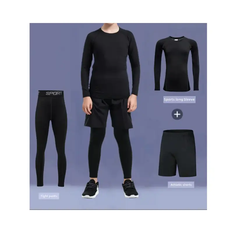 Boys' 3-Piece Sports Set, Quick-Dry Long Sleeve Compression Top with Tights & Shorts, Flexible Alphabet Print Outfit for Autumn Training, Yes, Elastane, 95% Polyester, 5% Elastic Fiber, Compression Long-Sleeve Top, 11-12Y