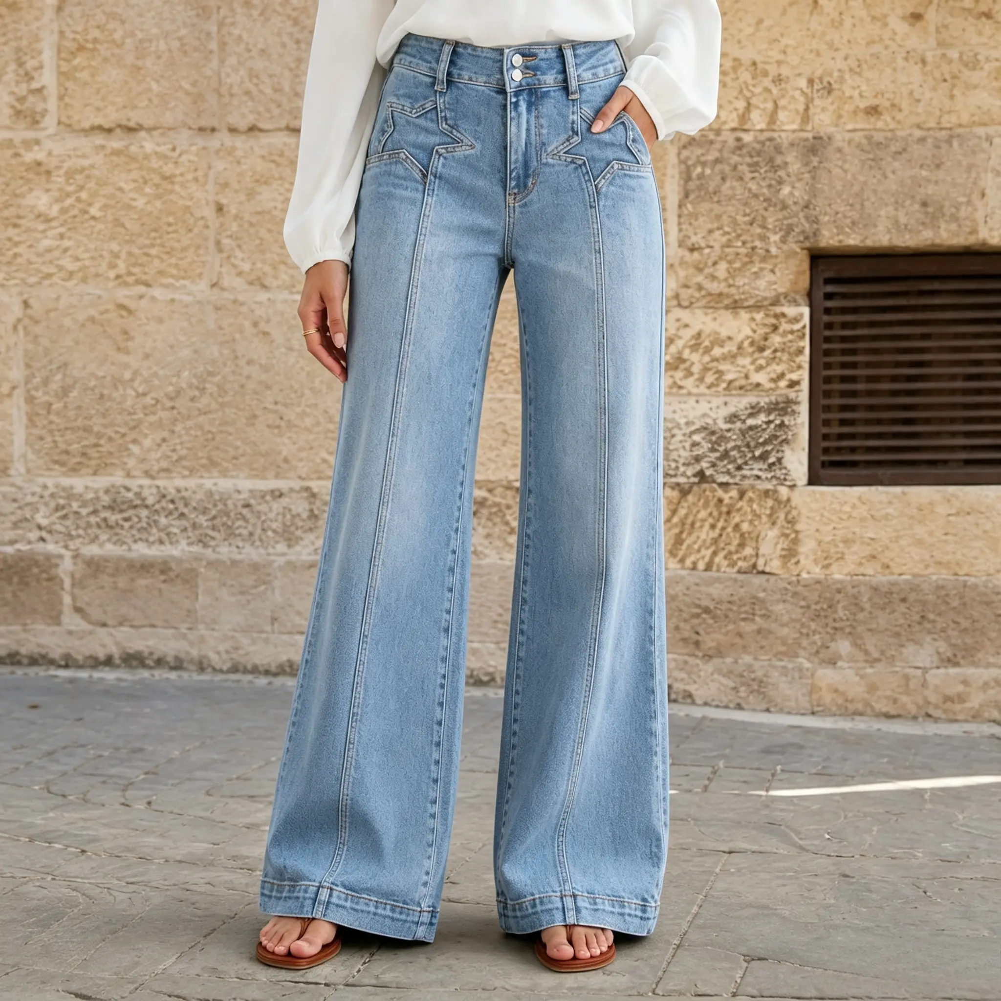 Women's high-waisted wide-leg jeans, light-colored washed star-shaped pocket denim trousers, double-button waist front-midline design, loose and thin daily casual pants