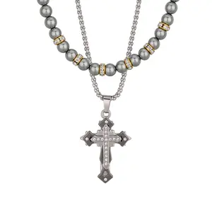 Men's Layered Grey Pearl & Rhinestone Double Cross Pendant Necklace - Zircon Inlay, Gold-Plated Crysccents Hip Hop Double Chain, Anti-Oxidation Alloy, Cross Motif Necklaces for Daily Wear, Parties