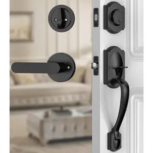 Front Door Lock Set, Black Front Door Handle and Deadbolt Set,  Exterior Door Lock Set, Front Door Handle with Single Cylinder, Reversible for Right & Left, Matte Black