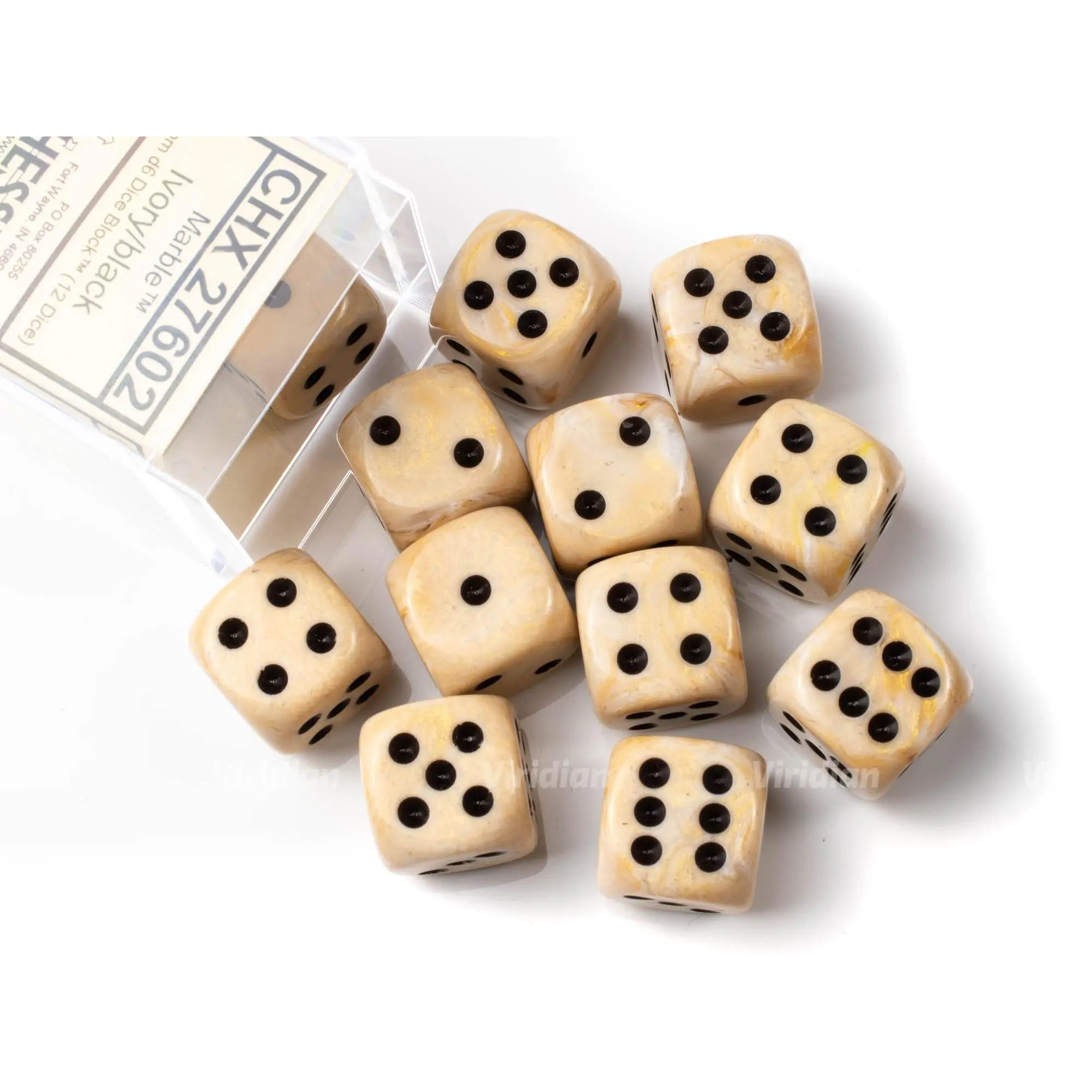 Marble Ivory & Black | D6 Block | Chessex Dice (12)