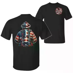 Patriotic Graphic Tee Celebrating Everyday Heroes with American Flag and Firefighter Bunker Gear Design