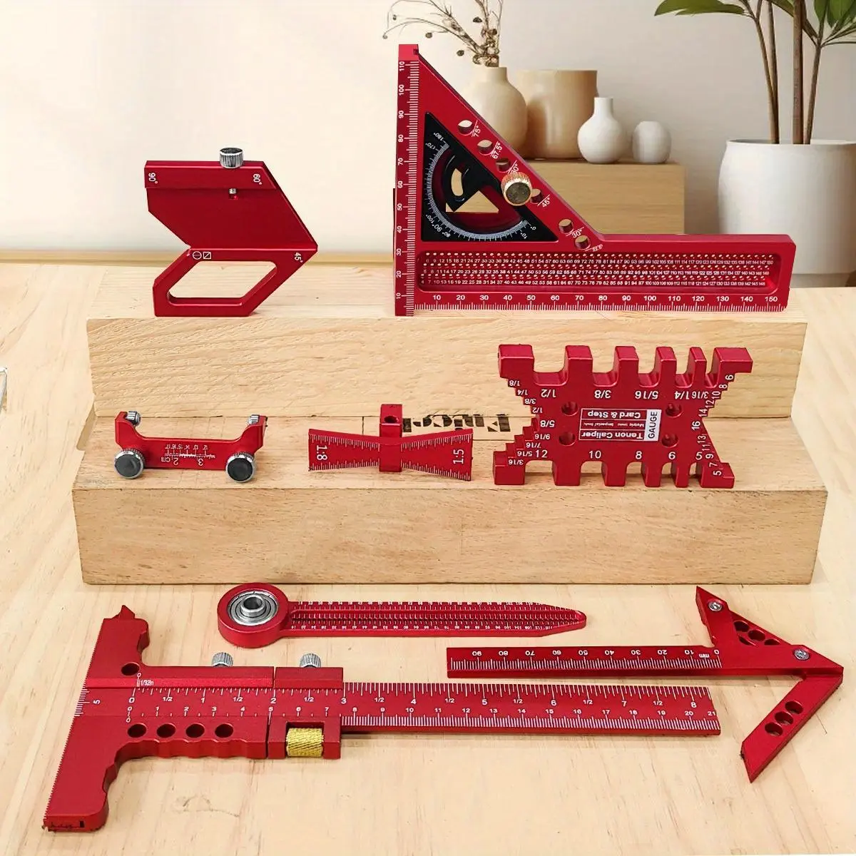 Woodworking Combination Tool Kit, 9-piece Set with Box, Precision Hand Carpenter Quick Splicing Planning and Layout Tool, Aluminum Ruler, Center Finder, Circular Drawing Compass, Honing Guide Rail, Altimeter, Measuring Tools
