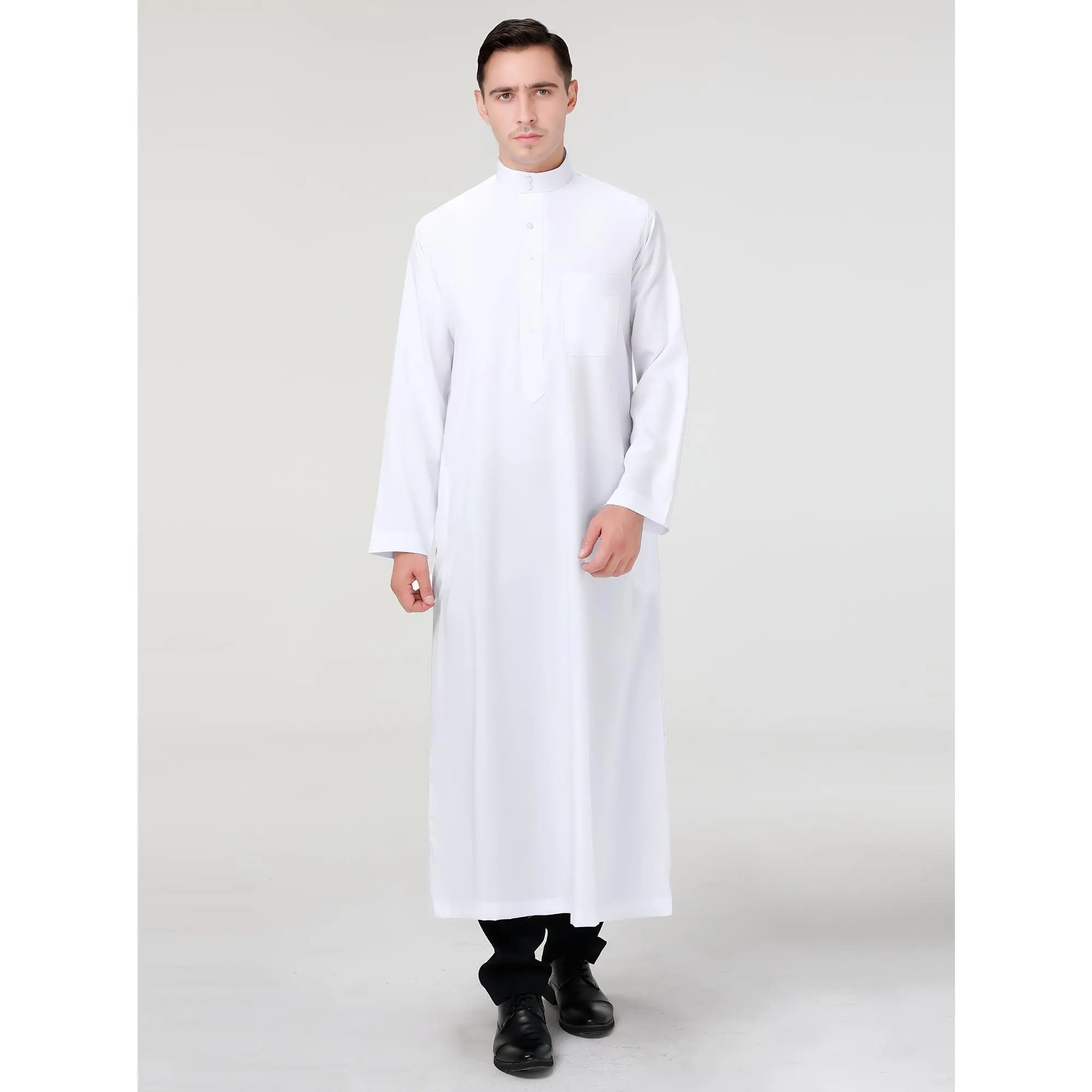 Men's Traditional Plain Polyester Arabian Thobe - Menswear, All-Seasons, Full-Length, Longsleeves, Stand-Collar, Button-Up Middle Eastern Party Attire, Loungewear, Multi-Size, XXL