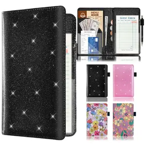 Server Book with 2 Zipper Pockets, Leather Server Book Organizer for Waitress, Bling Waiter Book  Wallet with Pen Holder, Guest Check Presenter, Restaurant Waitstaff Organizer, Glitter Black