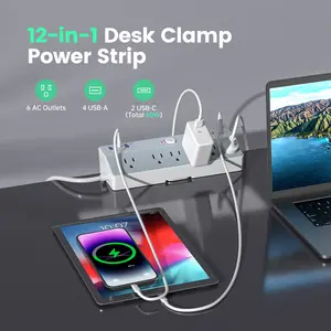 Desk Clamp Power Strip Tall, Desktop Mount Surge Protector, 40W Fast Charging Station, 2 PD 20W USB C Ports, 5 Outlets, Flat Plug for Home, Office, Fit 2.48" Tabletop Edge