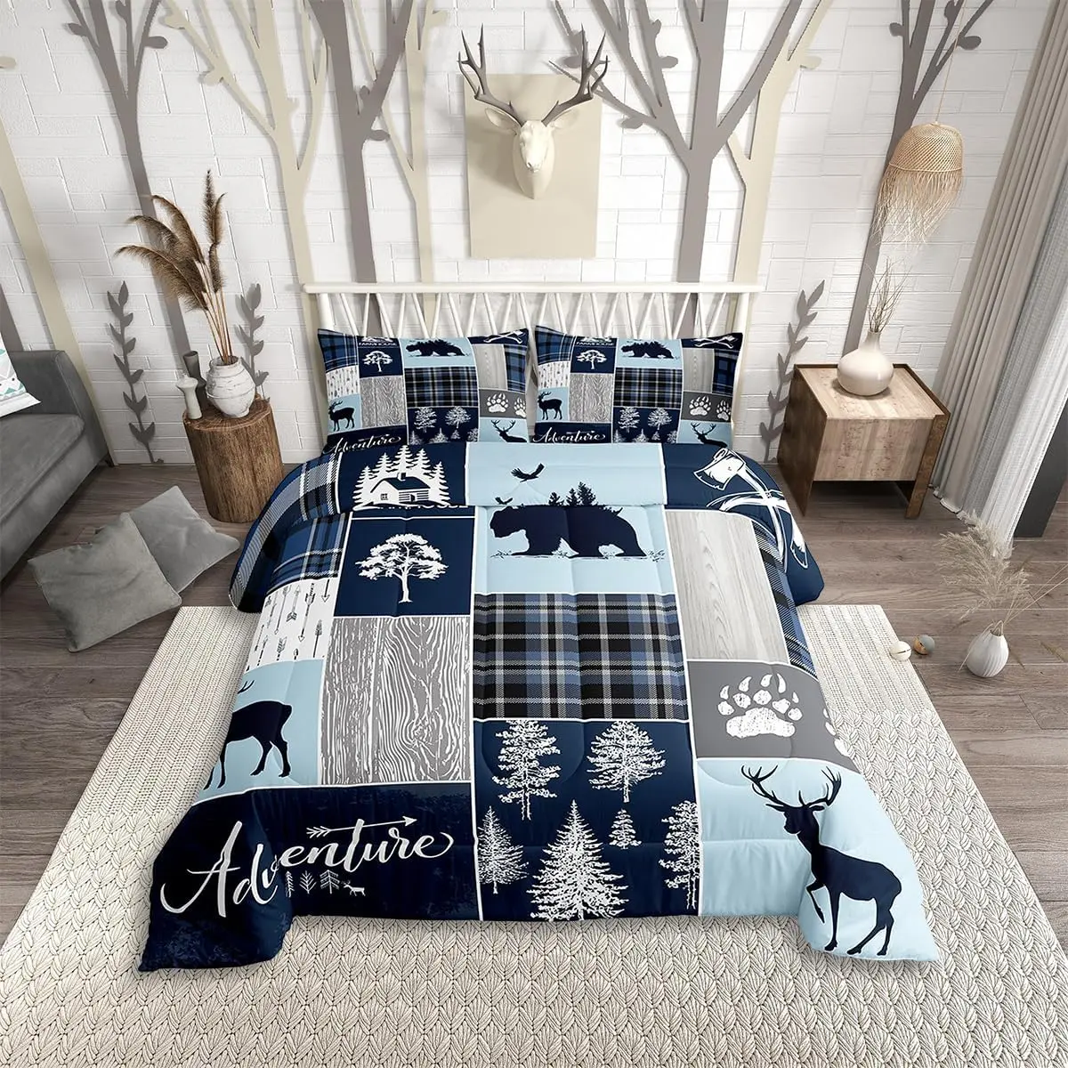 Feelyou Patchwork Duvet Cover Set, Hunting Bear Deer Christmas Buffalo Plaid Bedding, Rustic Cabin Farmhouse Woodland Style for Adults