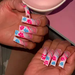 20pcs Long Curved Fake Nails, Gradient with Blue Flowers & Silver Color Rhinestones, Glossy Finish, Perfect for Fashionistas