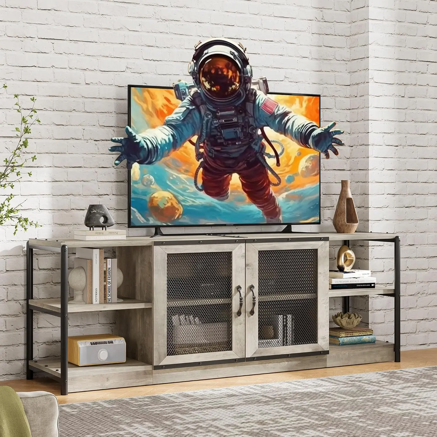 Industrial Style TV Shelf Stand - Wood TV Console for 75-80 Inch Screens, Grey Multimedia Centre with Double Mesh Doors, Living Room/Bedrooms Storage Table with Protective Pads