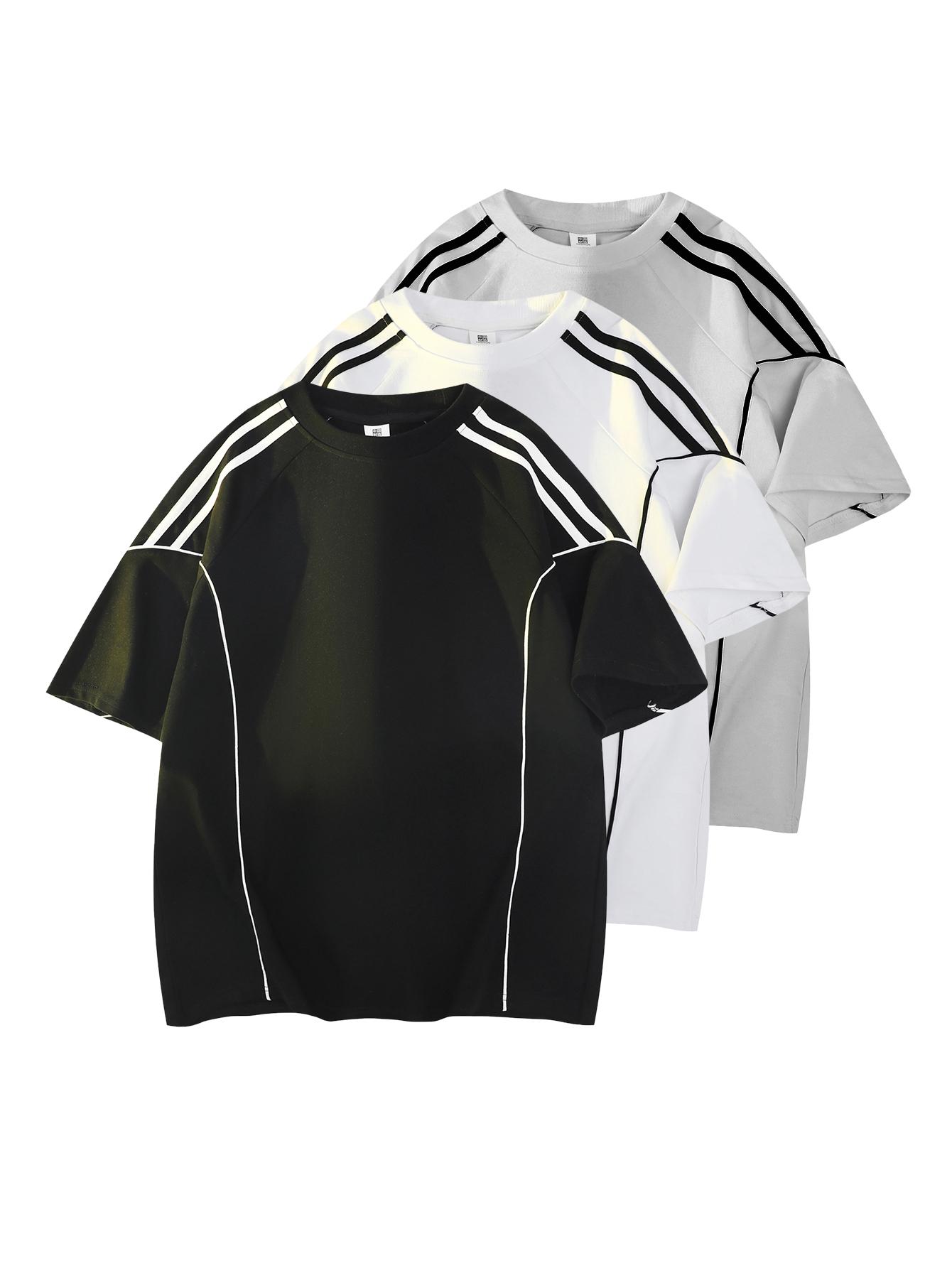 Men’s retro two-stripe raglan sleeve T-shirt, Y2K athletic oversized tee, casual streetwear sporty top for summer