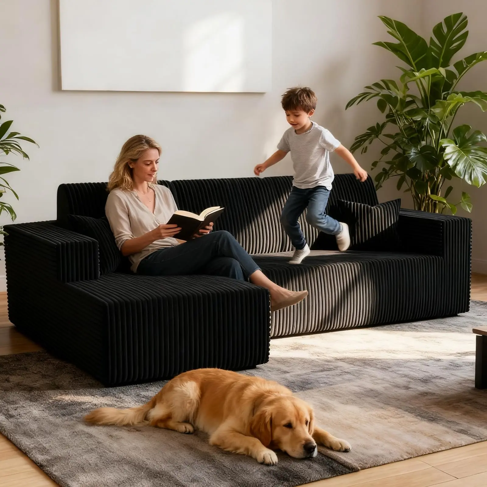 [2 Packages Shipping] 108" L-Shaped Frameless Modular Corduroy Sectional Couch - 3-Seater Deep-Seat, Fluffy Memory Foam Filling, Living Room Indoor Furniture, Black, Timeless Stylish Design