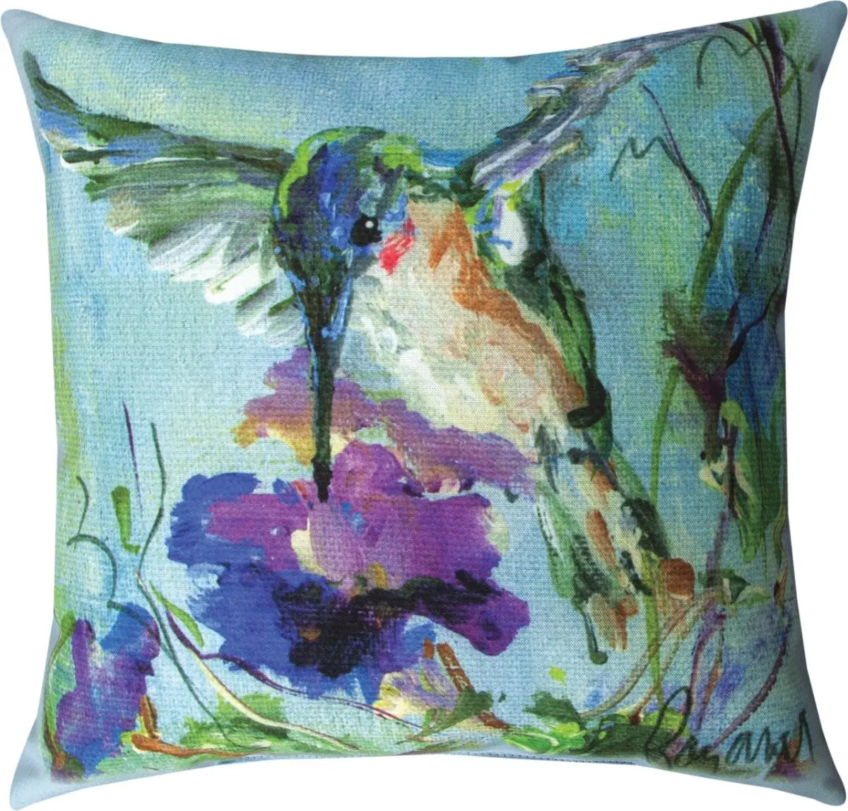 18 x 18 in. Hummingbird Purple Flowers Outdoor Pillow, Climaweave, Flower Motif