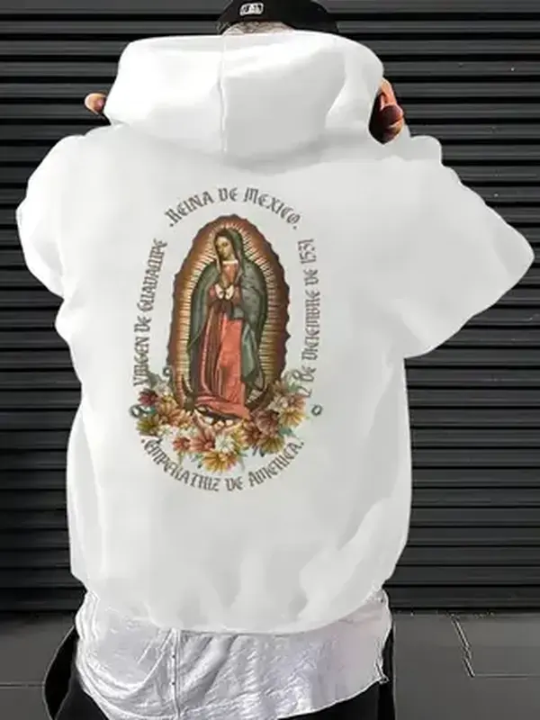 Men's Letter & Virgin Mary Print Pocket Hoodie, Loose Casual Graphic Hooded Sweatshirt for Fall & Winter, Men's Top for Daily Wear Tshirt, Hoodie and Sweatshirt