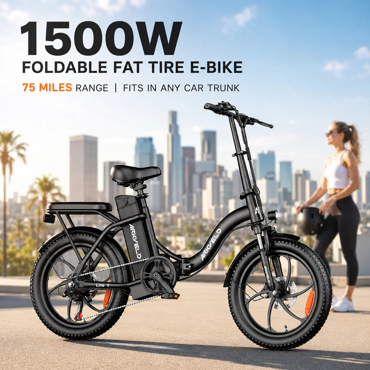 ARKVELD Lite 1 1500W Foldable Fat Tire E-Bike for Adults  10s Fold 28MPH 75mi Range 48V13AH Removable UL2849 Bat | Dual Disc Brakes Front Susp Adj Seat LCD | All Terrain Commute Camp Beach Snow Fits Car Trunk Fast Free Ship 1-Yr Wty compact Fat Tire Ebike