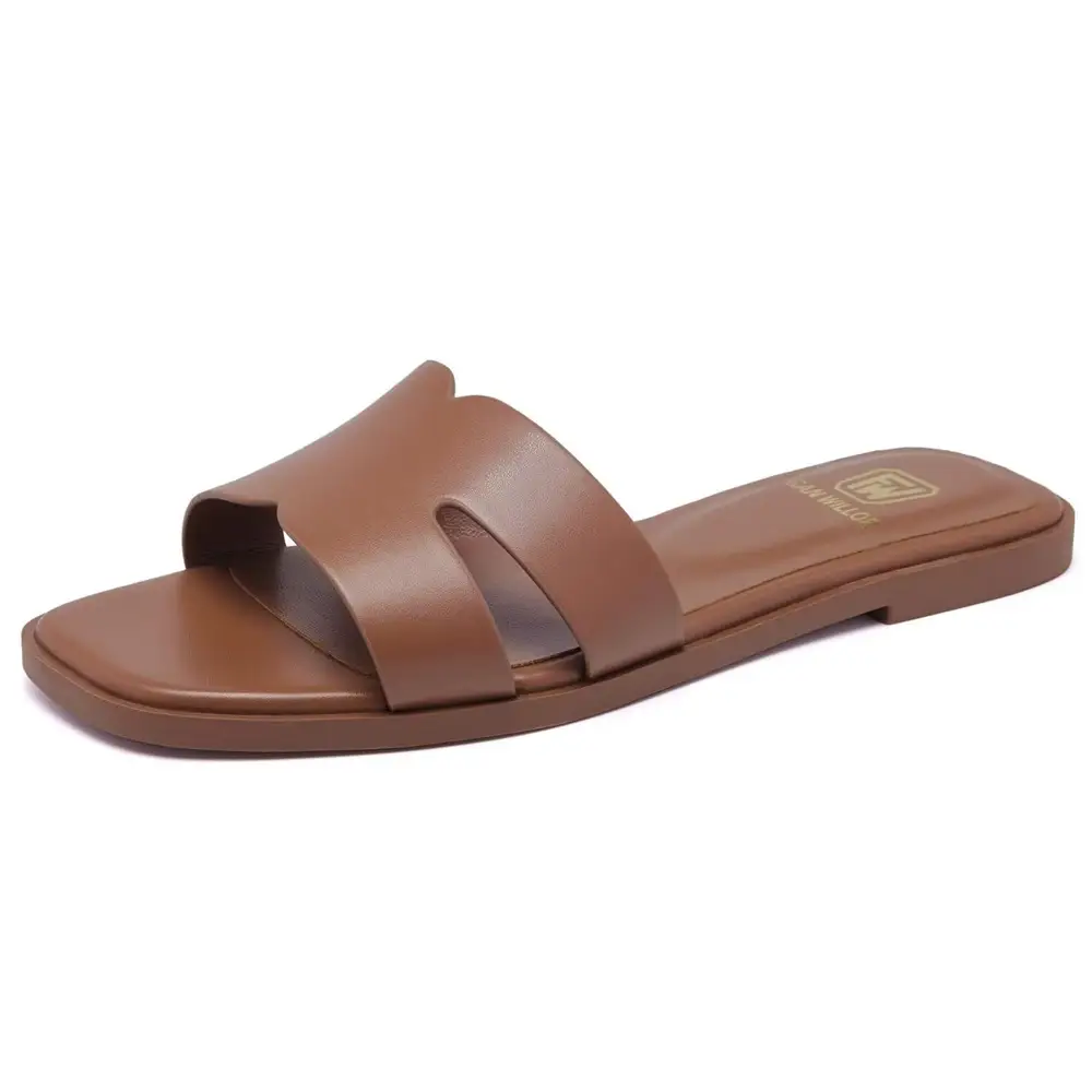 FW FRAN WILLOR Women's Flat Sandals Dressy Comfortable Slide Sandals Fashion Square Open Toe Beach Sandals for Summer Slippers
