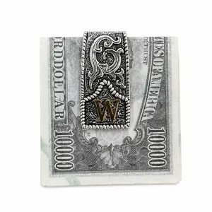 Western Money Clip  for Men, Vintage Cowboy  Metal with Initial Letter Design, Pocket Wallet for Cash and Cards, custom initial, hand engraved, copper, cowboy gift, gift for men