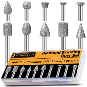 10 count  Grinding Burr Bits Set Compatible with Dremel Rotary Tools, 10 Shapes 1/8" Shank 120 Grit, for Polishing, Grinding, Carving  Glass, Ceramic, Stone (10Pcs-120 Grit)