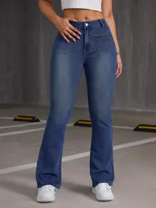 Women's Denim-Effect Print Modal Pocket Flare Leg Fit Pants, Casual Fashion High Waist Bell Bottom Trousers, Ladies Bottoms Womenswear for All Seasons