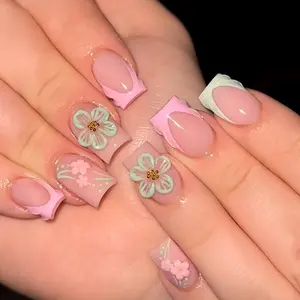24pcs Short Square Press-On Nails, Floral Design with Gold Beads, French Style, Reusable Nail Art Set for Women, Party & Daily Wear, Nail Art Kit
