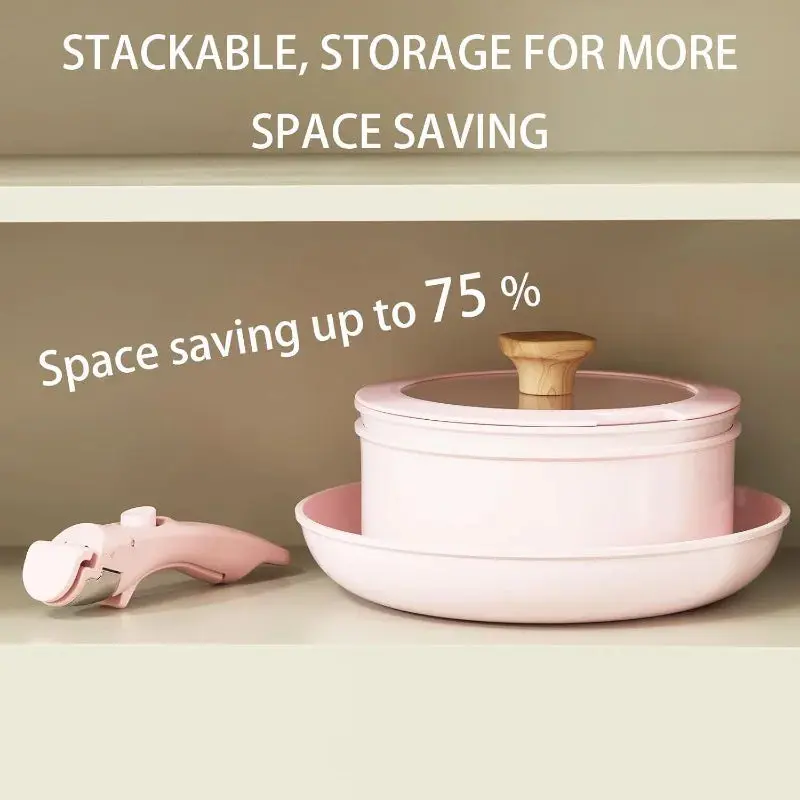 Haufrau Pink Pots and Pans Set with Removable Handle Nonstick Ceramic Cookware for Kitchen Cooking and Oven Dishwasher Safe Induction Safe